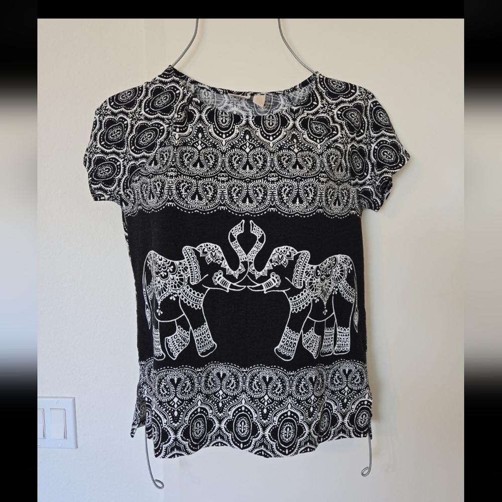 Chico's Black and White Elephant Pattern Blouse
